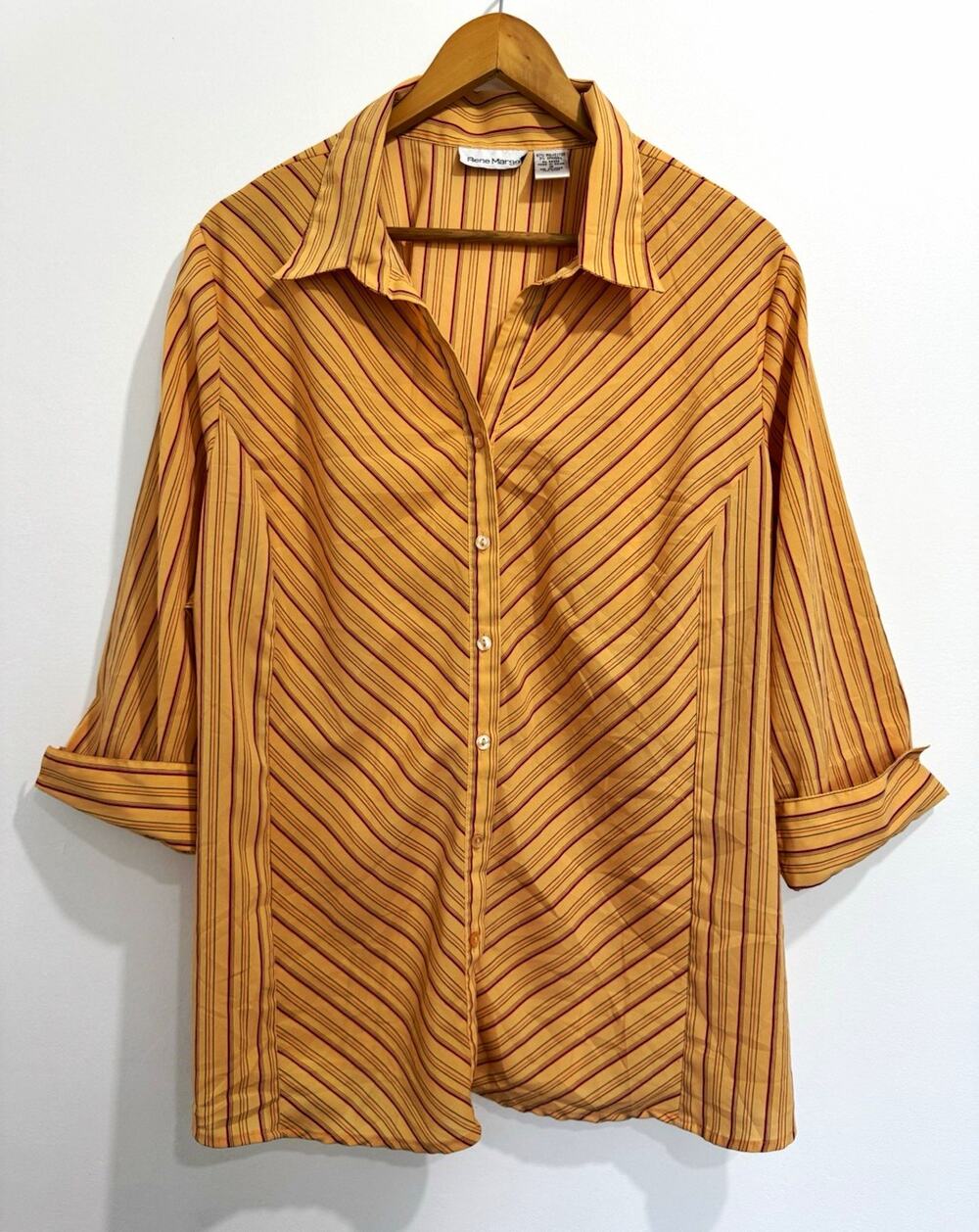 Rene Margo Women’s 1X Tan Striped Button-Front Collared 3/4 Blouse #1078
